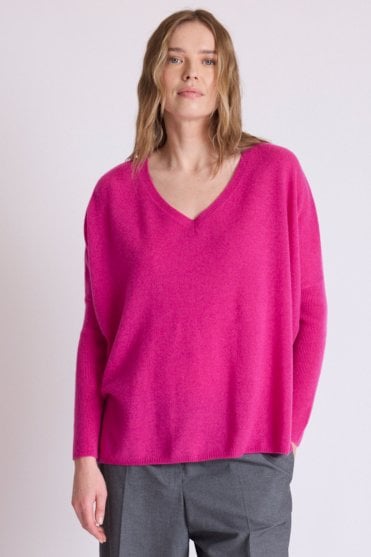 Camille V Neck Sweater in Heather Raspberry