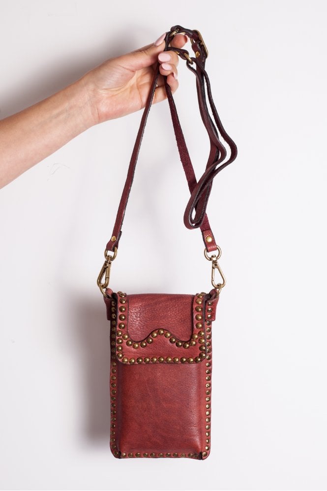 Campomaggi Phone Case in Burgundy with Gold Studs