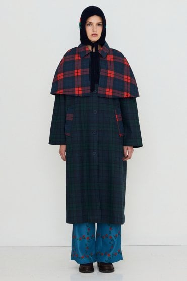 Check Long Trench Coat in Deep Blue and Dark Green