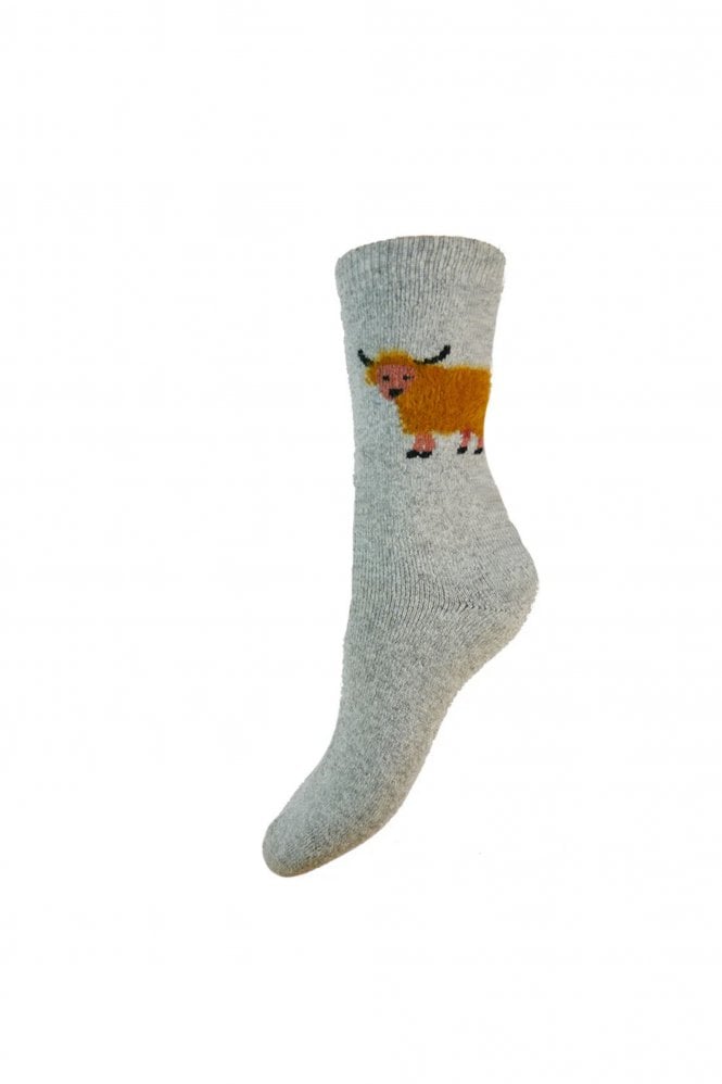 Gemjar Thick grey Wool Blend Socks with Fluffy Highland Cow