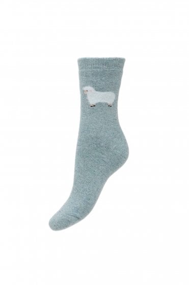Thick Light Blue Wool Blend Socks with Fluffy Sheep