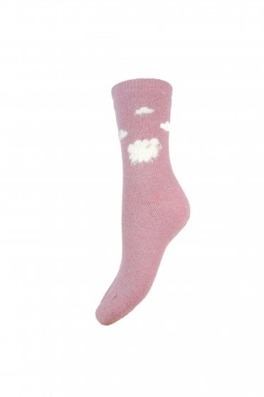 Thick Pink Wool Blend Socks with Fluffy Sheep and Clouds