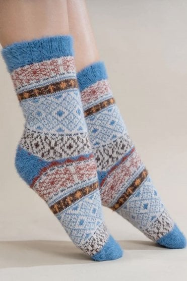 Womens Blue Cream and brown Scandi Patterned Wool Blend Socks