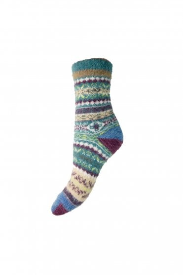 Womens Green and Blue Patterned Wool Blend Socks
