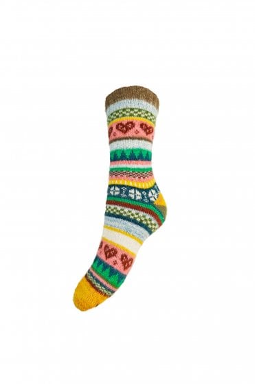 Womens Multi, Cuff Scandi Patterned Wool Blend Socks