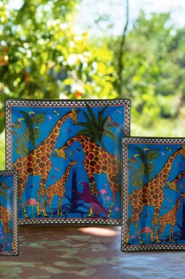 Giraffe Design Glass Plate in Blue 11x11cm