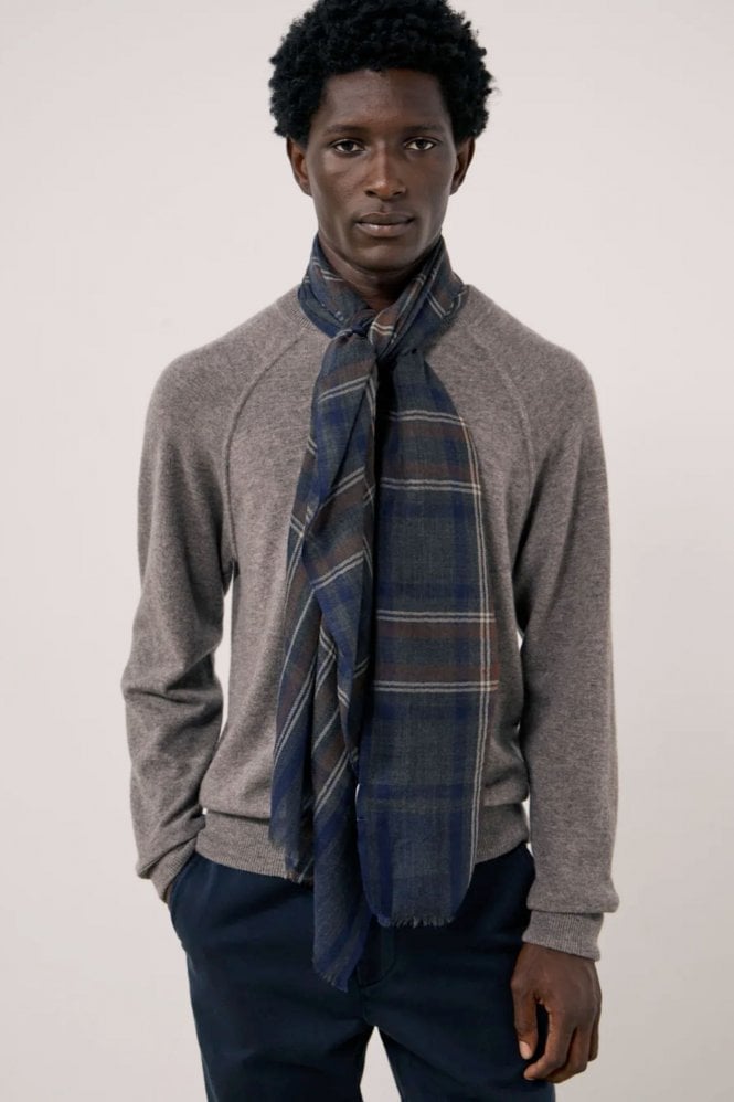 Hartford Mens Tartan Scarf in Indigo Grey Camel