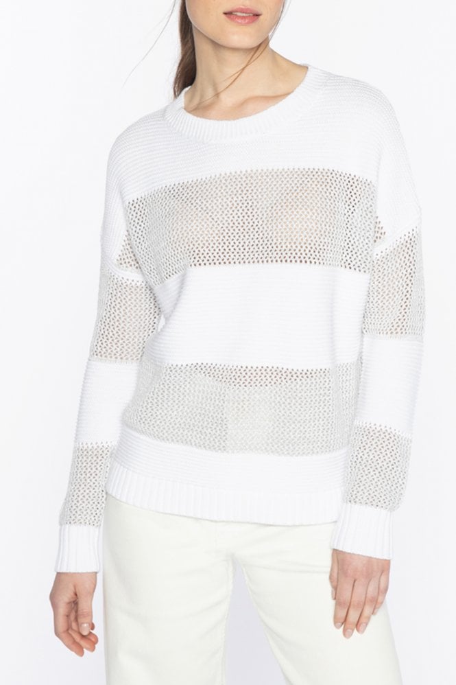 Kinross Mixed Stitch Lurex Crew in White