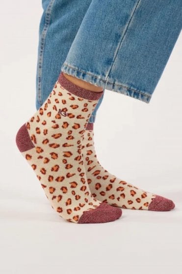Leopard Glitter Socks Beige
