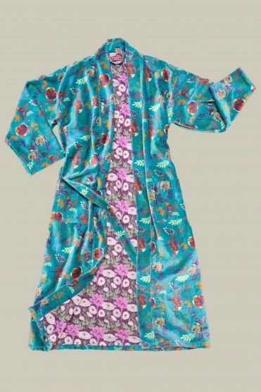Long Velvet Kimono in Birdy Teal