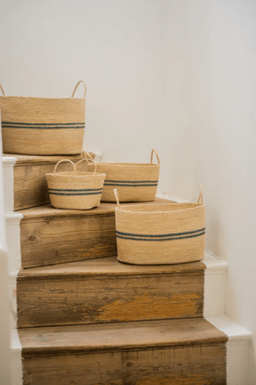 Harbour Stripe Seagrass Oval Basket in Navy Stripe Set of 4