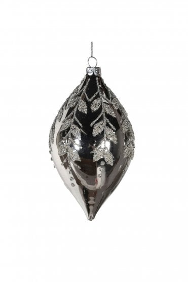 Shiny Silver Teardrop Bauble with Leaves