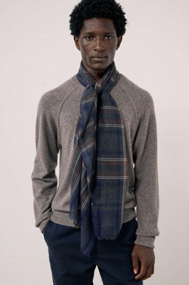 Tartan Scarf in Indigo Grey Camel