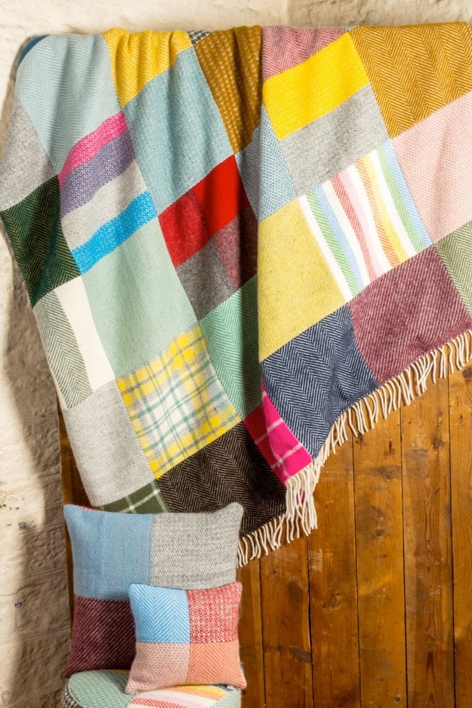 TWEEDMILL Patchwork Throw with Stone Faux Suede Backing